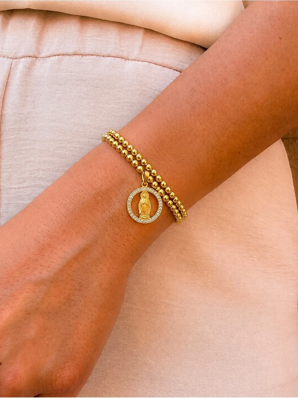 Gold Virgin Mary Charm Beaded Bracelet - Women's Religious Jewelry